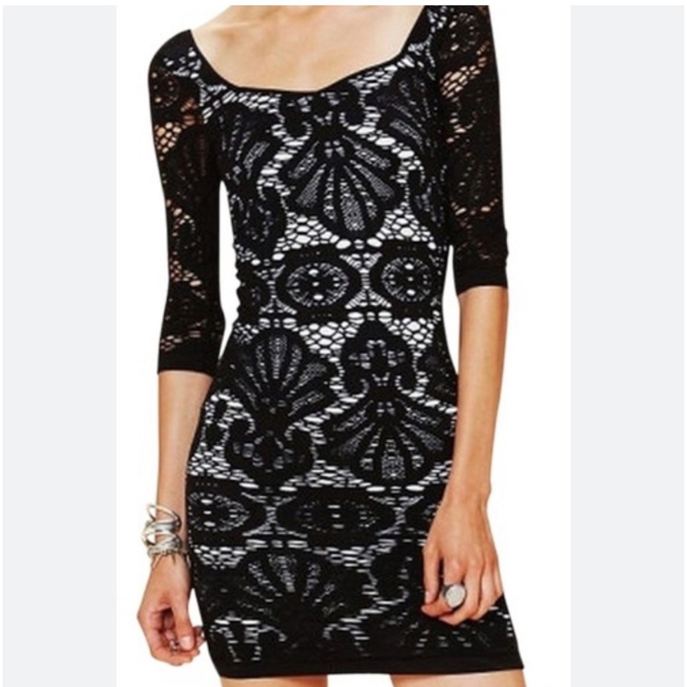 ND1 Free People Black Crochet Lace Bodycon Dress Party Cocktail Evening